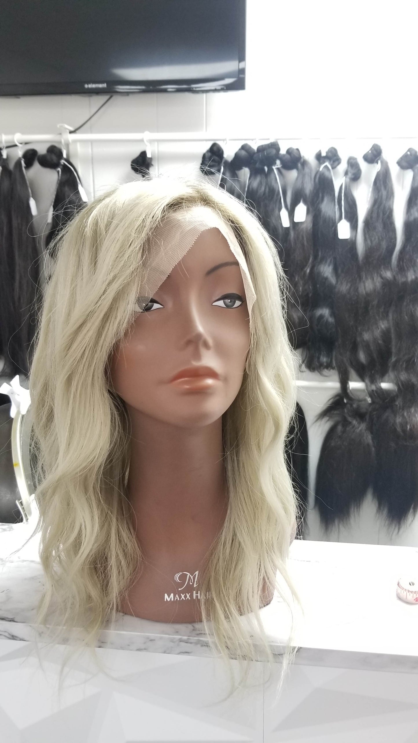 Pre-Colored Full Lace Wig Unit. Light Blonde #60 with Medium Blonde #8 Root