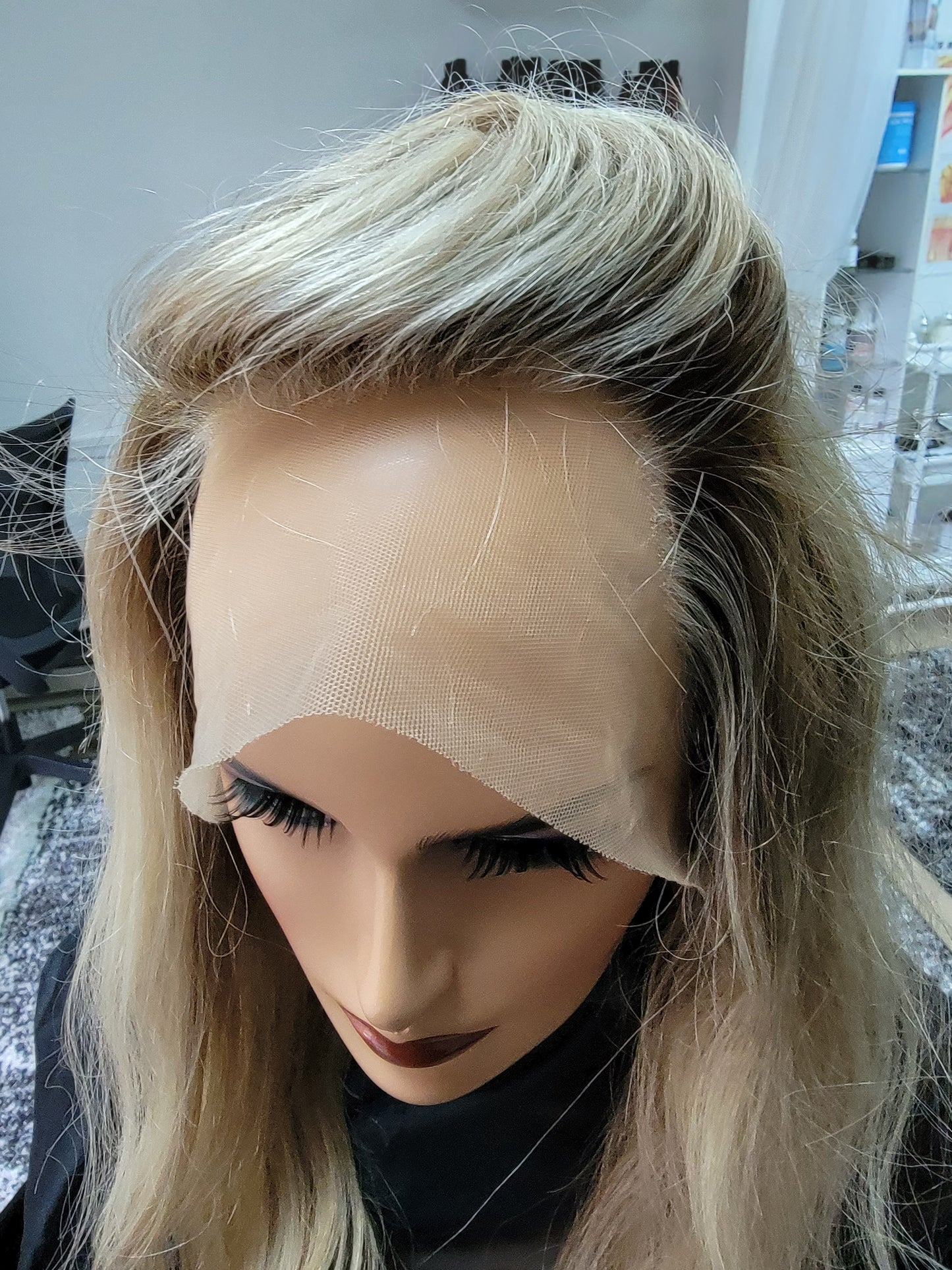 Pre-Colored Full Lace Wig Unit. Light Blonde #60 with #4 Roots, Medium Blonde #8 Low Lights