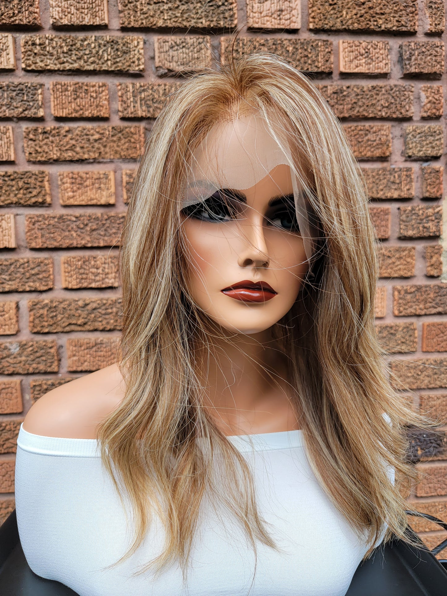 14 in. Full Lace Handtied Human Hair Wig. Warm Brown with Blonde Highlights. MEDIUM Cap.