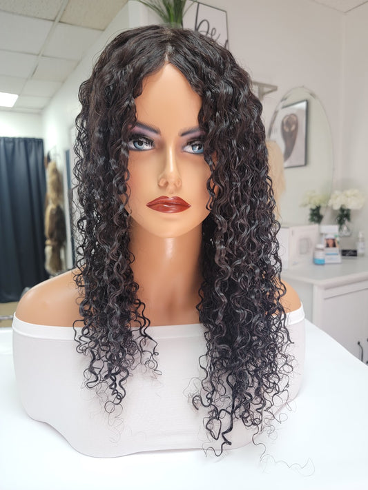 18 inch, deep wave/curly Raw Cambodian Hair Topper 9x11 base.