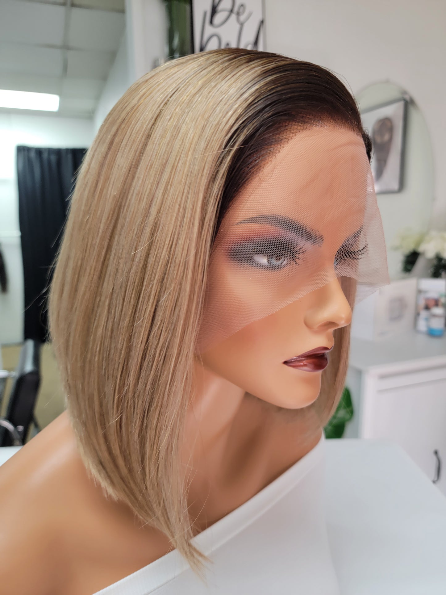 T-Part Lace Front  Pre-Cut Bob Wig Blonde w/ Dark Brown Root Smudge