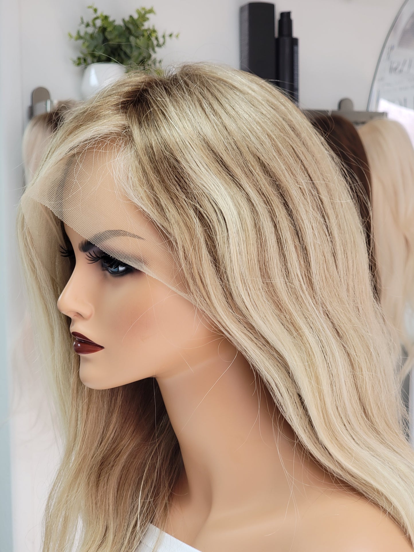 Pre-Colored Full Lace Wig Unit. Light Blonde #60 with #4 Roots, Medium Blonde #8 Low Lights